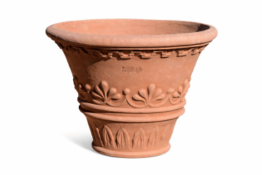 Reich verzierter runder Terracottatopf aus Impruneta mit byzantinischen Ornamenten, frostfest